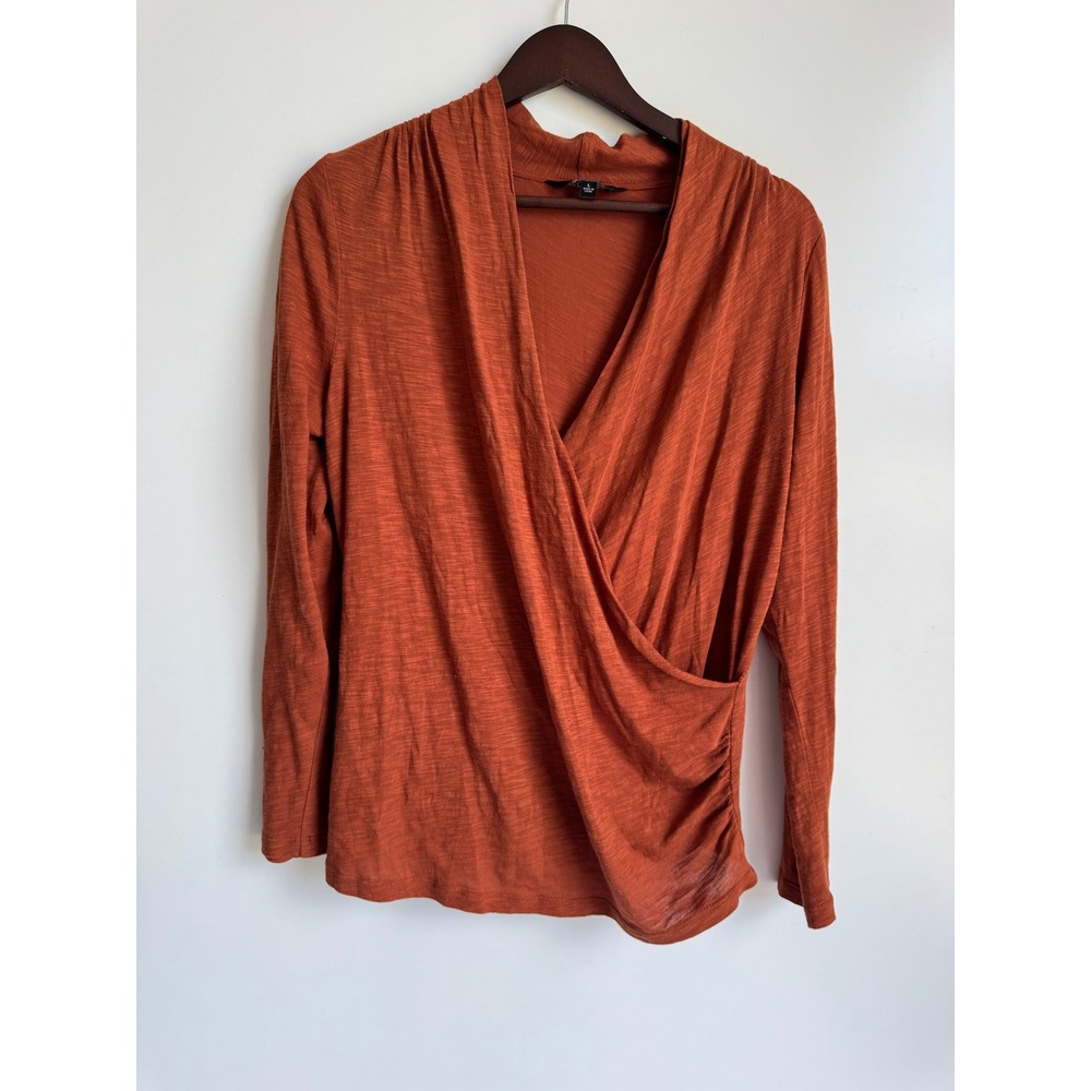 Liverpool Wrap Front Slub Knit Top Rust Orange Cotton Modal Long Sleeve Large